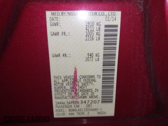 2014 Nissan Altima S with VIN 1N4AL3AP0EN347207, listed as a IAAI auction lot 42029532 with 28,324 mi miles and . Bid and sale history available at carsss.com. Image 9.