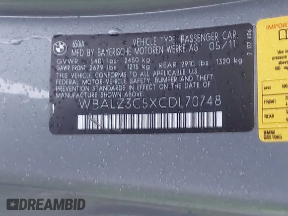 2012 BMW 6 Series 650i with VIN WBALZ3C5XCDL70748, listed as a IAAI auction lot 41502640 with 102,519 mi miles. Bid and sale history available at carsss.com. Image 9.