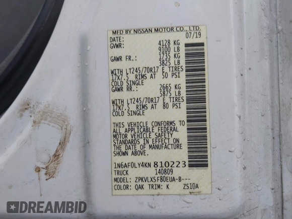 2019 Nissan NV Cargo SV with VIN 1N6AF0LY4KN810223, listed as a IAAI auction lot 41506047 with 83,633 mi miles and . Bid and sale history available at DreamBid. Image 9.