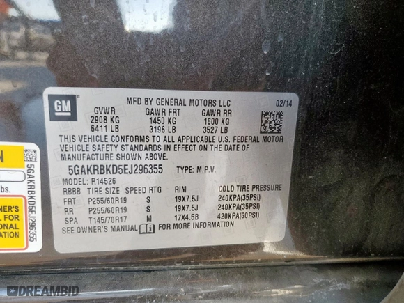 2014 Buick Enclave Leather with VIN 5GAKRBKD5EJ296355, listed as a Copart auction lot 45521625 with 106,766 mi miles and Clean Title. Bid and sale history available at carsss.com. Image 14.