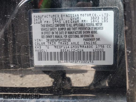 2015 Nissan Sentra S with VIN 3N1AB7AP5FY332195, listed as a IAAI auction lot 41707202 with 87,768 mi miles and . Bid and sale history available at DreamBid. Image 9.