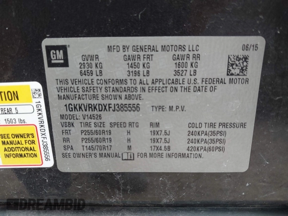 2015 GMC Acadia SLT with VIN 1GKKVRKDXFJ385556, listed as a IAAI auction lot 41844438 with 92,691 mi miles. Bid and sale history available at carsss.com. Image 9.