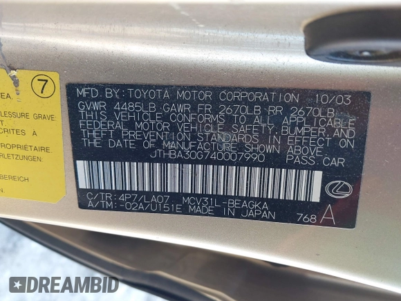 2004 Lexus ES 350 with VIN JTHBA30G740007990, listed as a IAAI auction lot 41388036 with 216,504 mi miles and . Bid and sale history available at DreamBid. Image 9.