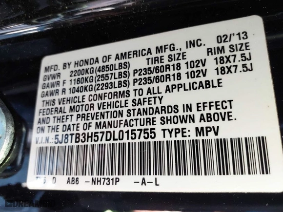 2013 Acura RDX Tech Pkg with VIN 5J8TB3H57DL015755, listed as a IAAI auction lot 41644550 with 222,138 mi miles. Bid and sale history available at carsss.com. Image 9.