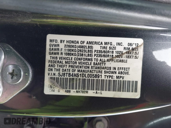 2013 Acura RDX Technology with VIN 5J8TB4H51DL005891, listed as a IAAI auction lot 41900377 with 170,765 mi miles and . Bid and sale history available at DreamBid. Image 9.