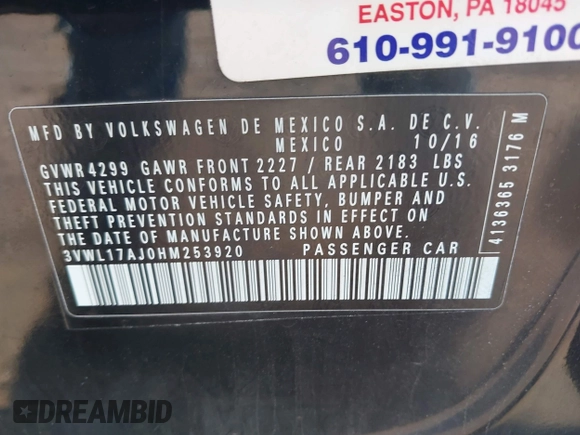 2017 Volkswagen Jetta SEL with VIN 3VWL17AJ0HM253920, listed as a IAAI auction lot 42668790 with 210,410 mi miles and . Bid and sale history available at DreamBid. Image 9.