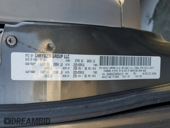 2010 Chrysler Town & Country LX with VIN 2A4RR4DE3AR344191, listed as a Copart auction lot 41399625 with 163,934 mi miles and Salvage Title. Bid and sale history available at DreamBid. Image 13.