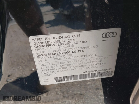 2014 Audi Q5 Premium Plus z VIN WA1LFAFP9EA130988, wystawiony jako IAAI lot #41835596 z przebiegiem 91 303 mil mil oraz . Historia ofert i sprzedaży dostępna na DreamBid. Obrazek 9.