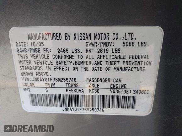 2006 Infiniti M with VIN JNKAY01F76M259746, listed as a IAAI auction lot 41192510 with 239,133 mi miles and . Bid and sale history available at DreamBid. Image 9.