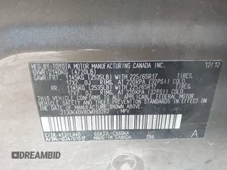 2012 Toyota RAV4 Limited with VIN 2T3DK4DV8CW093262, listed as a IAAI auction lot 41725623 with 157,279 mi miles. Bid and sale history available at carsss.com. Image 9.