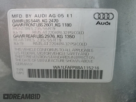 2011 Audi Q5 Premium Plus with VIN WA1LFAFP8BA115216, listed as a Copart auction lot 52777615 with 146,690 mi miles and Salvage Title. Bid and sale history available at DreamBid. Image 13.