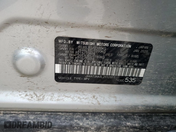 2020 Mitsubishi Eclipse Cross ES with VIN JA4AT3AA3LZ032911, listed as a Copart auction lot 85902814 with 91,170 mi miles and Salvage title. Bid and sale history available at DreamBid. Image 16.