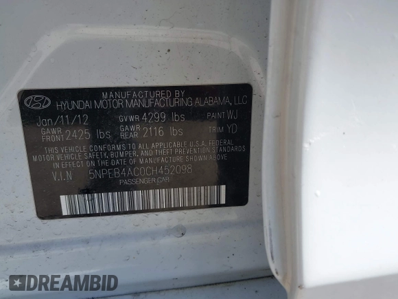 2012 Hyundai Sonata GLS with VIN 5NPEB4AC0CH452098, listed as a IAAI auction lot 41859204 with 172,755 mi miles and . Bid and sale history available at carsss.com. Image 9.