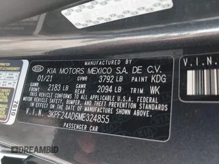 2021 Kia Forte LXS with VIN 3KPF24AD6ME324855, listed as a IAAI auction lot 42405970 with 45,219 mi miles and . Bid and sale history available at DreamBid. Image 9.