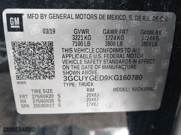 2019 Chevrolet Silverado 1500 LTZ with VIN 3GCUYGED9KG160780, listed as a IAAI auction lot 41574991 with 118,450 mi miles. Bid and sale history available at carsss.com. Image 9.