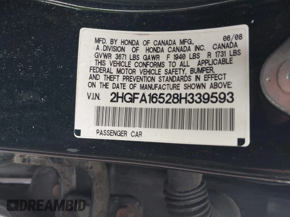 2008 Honda Civic LX z VIN 2HGFA16528H339593, wystawiony jako IAAI lot #42253517 z przebiegiem 130 465 mil mil oraz . Historia ofert i sprzedaży dostępna na DreamBid. Obrazek 9.