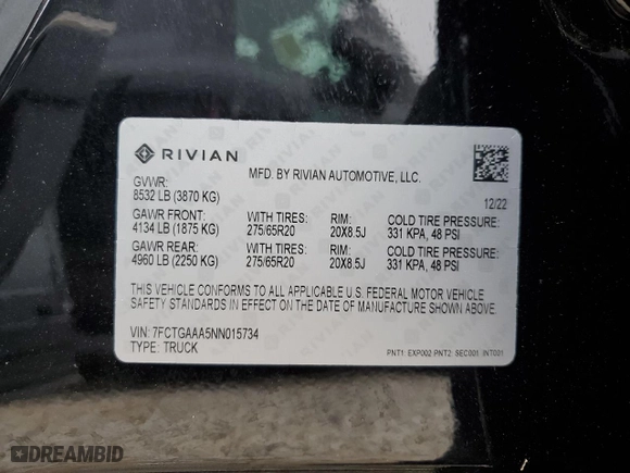 2022 Rivian R1T Adventure Package with VIN 7FCTGAAA5NN015734, listed as a Copart auction lot 44019715 with 27,542 mi miles and Salvage Title. Bid and sale history available at carsss.com. Image 14.