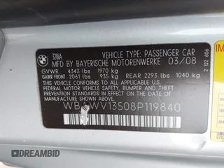 2008 BMW 3 Series 328i z VIN WBAWV13508P119840, wystawiony jako IAAI lot #42171550 z przebiegiem 123 886 mil mil oraz . Historia ofert i sprzedaży dostępna na DreamBid. Obrazek 9.