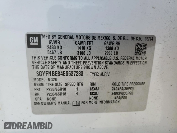 2014 Cadillac SRX Luxury Collection with VIN 3GYFNBE34ES637283, listed as a Copart auction lot 53365505 with 97,287 mi miles and Salvage Title. Bid and sale history available at carsss.com. Image 14.