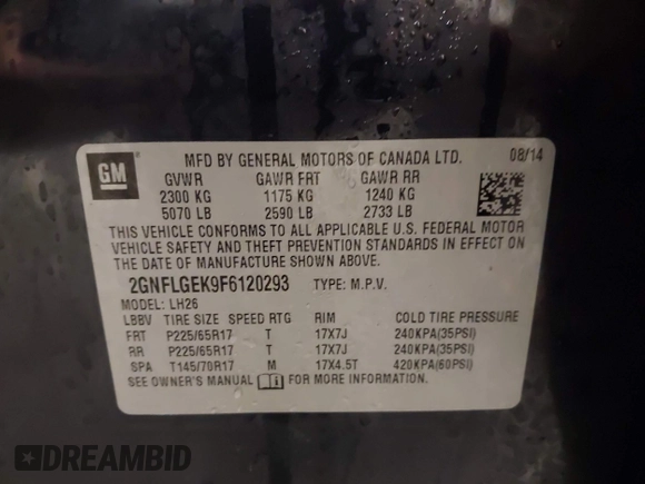 2015 Chevrolet Equinox LT with VIN 2GNFLGEK9F6120293, listed as a IAAI auction lot 41887301 with 108,539 mi miles. Bid and sale history available at carsss.com. Image 9.