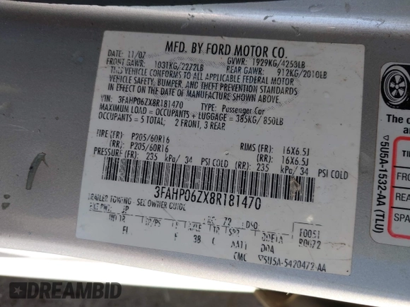 2008 Ford Fusion S with VIN 3FAHP06ZX8R181470, listed as a IAAI auction lot 41573211 with 249,337 mi miles. Bid and sale history available at carsss.com. Image 9.