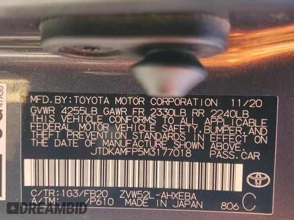 2021 Toyota Prius LE with VIN JTDKAMFP5M3177018, listed as a Copart auction lot 63930405 with 58,439 mi miles and Salvage title. Bid and sale history available at DreamBid. Image 12.
