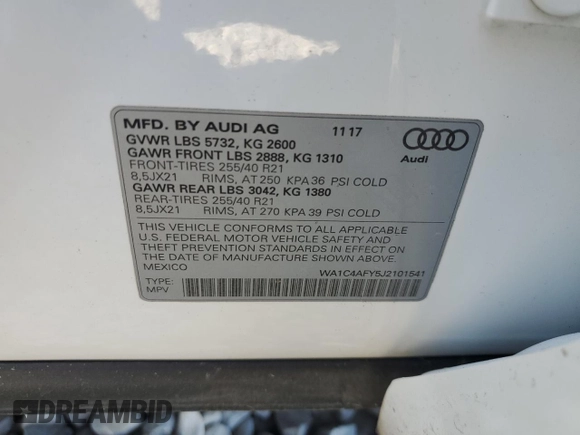 2018 Audi SQ5 Prestige with VIN WA1C4AFY5J2101541, listed as a Copart auction lot 70876654 with Not Provided miles and Salvage Title. Bid and sale history available at DreamBid. Image 14.