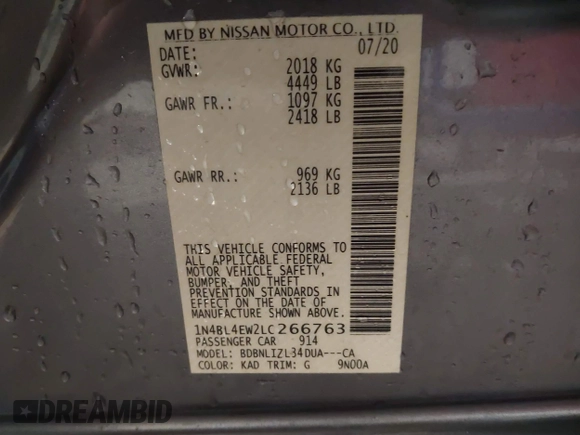 2020 Nissan Altima 2.5 SL with VIN 1N4BL4EW2LC266763, listed as a IAAI auction lot 41741716 with 43,433 mi miles. Bid and sale history available at carsss.com. Image 9.
