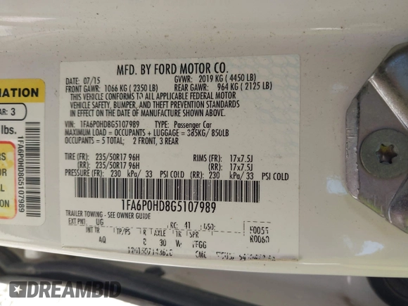 2016 Ford Fusion SE with VIN 1FA6P0HD8G5107989, listed as a IAAI auction lot 42558847 with 98,144 mi miles and . Bid and sale history available at DreamBid. Image 9.