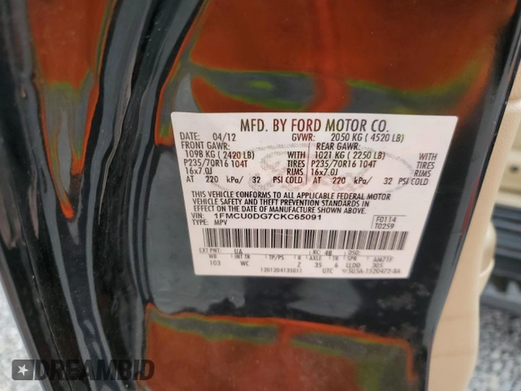 2012 Ford Escape XLT with VIN 1FMCU0DG7CKC65091, listed as a Copart auction lot 64031395 with 98,207 mi miles and Clean title. Bid and sale history available at DreamBid. Image 13.