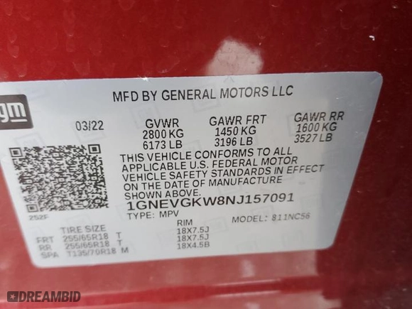 2022 Chevrolet Traverse LT Cloth with VIN 1GNEVGKW8NJ157091, listed as a Copart auction lot 89174845 with 34,154 mi miles and Non Repairable. Bid and sale history available at carsss.com. Image 16.