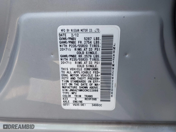 2012 Nissan Murano SV with VIN JN8AZ1MW2CW222866, listed as a IAAI auction lot 40714313 with 117,430 mi miles. Bid and sale history available at carsss.com. Image 9.