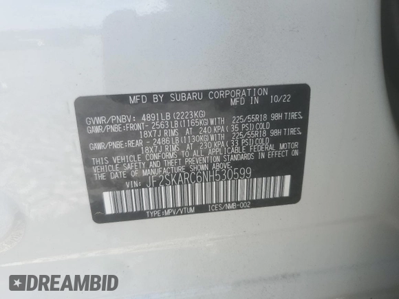 2022 Subaru Forester Touring with VIN JF2SKARC6NH530599, listed as a Copart auction lot 55278035 with 12,118 mi miles and Salvage title. Bid and sale history available at DreamBid. Image 13.