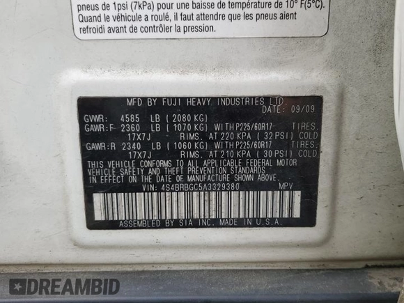 2010 Subaru Outback Premium All-Weather Anniversary with VIN 4S4BRBGC5A3329380, listed as a Copart auction lot 61835935 with 184,065 mi miles and Salvage title. Bid and sale history available at DreamBid. Image 14.