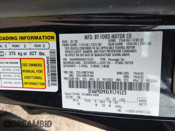 2020 Ford Fusion Titanium with VIN 3FA6P0D9XLR174523, listed as a IAAI auction lot 42100113 with 100,602 mi miles and . Bid and sale history available at DreamBid. Image 9.
