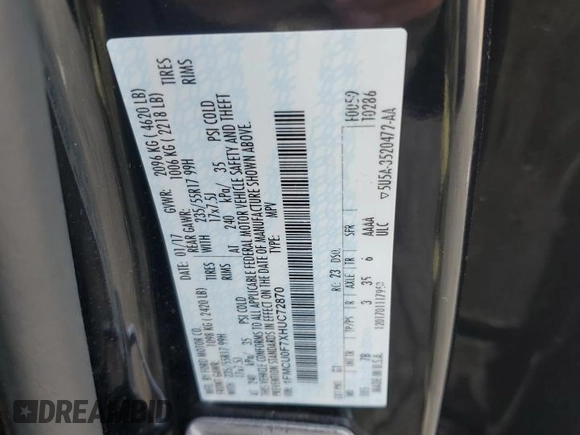 2017 Ford Escape S with VIN 1FMCU0F7XHUC72870, listed as a Copart auction lot 57285505 with 116,501 mi miles and Clean title. Bid and sale history available at DreamBid. Image 13.