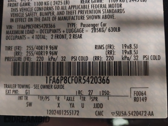 2024 Ford Mustang GT with VIN 1FA6P8CF0R5420366, listed as a IAAI auction lot 42232926 with 14,244 mi miles and . Bid and sale history available at DreamBid. Image 9.