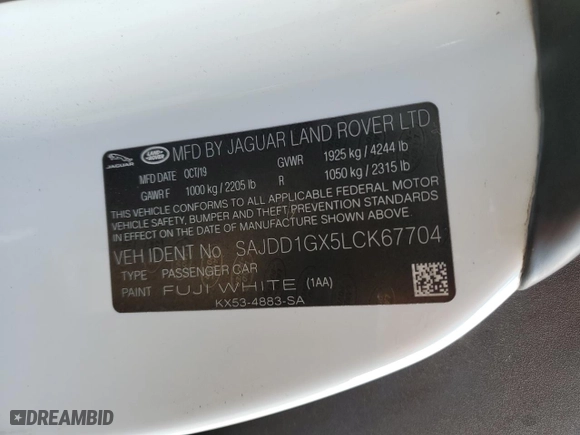 2020 Jaguar F-TYPE P300 with VIN SAJDD1GX5LCK67704, listed as a Copart auction lot 43954084 with 0 mi miles. Bid and sale history available at carsss.com. Image 12.