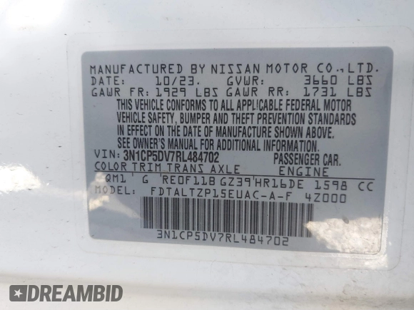 2024 Nissan Kicks SR with VIN 3N1CP5DV7RL484702, listed as a IAAI auction lot 40396850 with 19,972 mi miles. Bid and sale history available at carsss.com. Image 9.