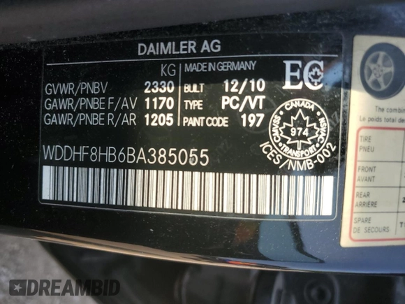 2011 Mercedes-Benz E 350 Luxury with VIN WDDHF8HB6BA385055, listed as a Copart auction lot 59563535 with 301,092 mi miles and Salvage title. Bid and sale history available at DreamBid. Image 12.