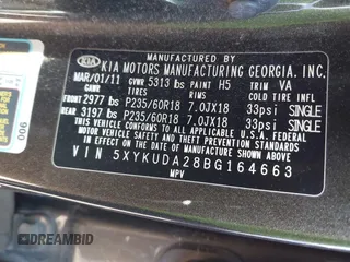 2011 Kia Sorento EX with VIN 5XYKUDA28BG164663, listed as a IAAI auction lot 41984131 with 1 mi miles. Bid and sale history available at carsss.com. Image 9.
