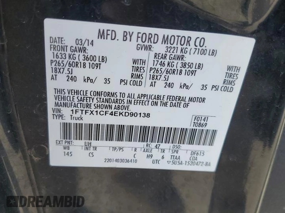 2014 Ford F-150 XL with VIN 1FTFX1CF4EKD90138, listed as a Copart auction lot 46899635 with 225,309 mi miles and Salvage Title. Bid and sale history available at carsss.com. Image 13.