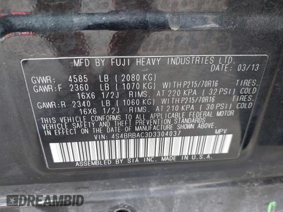 2013 Subaru Outback 2.5i with VIN 4S4BRBAC3D3304037, listed as a IAAI auction lot 42242783 with 131,158 mi miles and . Bid and sale history available at DreamBid. Image 9.