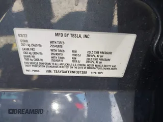 2022 Tesla Model Y Long Range with VIN 7SAYGAEEXNF381389, listed as a IAAI auction lot 41613075 with 52,800 mi miles and . Bid and sale history available at carsss.com. Image 9.