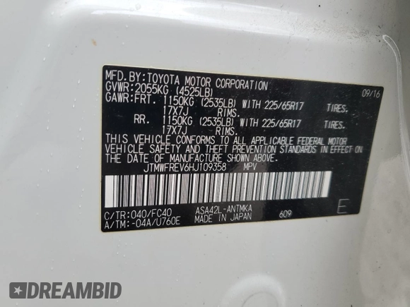 2017 Toyota RAV4 XLE with VIN JTMWFREV6HJ109358, listed as a Copart auction lot 55372465 with 163,159 mi miles and Salvage Title. Bid and sale history available at DreamBid. Image 13.