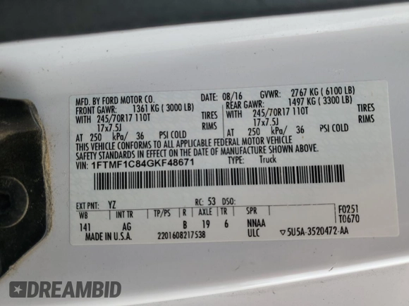2016 Ford F-150 XL z VIN 1FTMF1C84GKF48671, wystawiony jako Copart lot #53891035 z przebiegiem 281 814 mil mil oraz Szkoda całkowita • Salvage title. Historia ofert i sprzedaży dostępna na DreamBid. Obrazek 12.