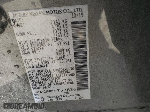 2020 Nissan Rogue SL with VIN 5N1AT2MV0LC753636, listed as a Copart auction lot 52916885 with Not Provided miles and Non Repairable. Bid and sale history available at DreamBid. Image 13.