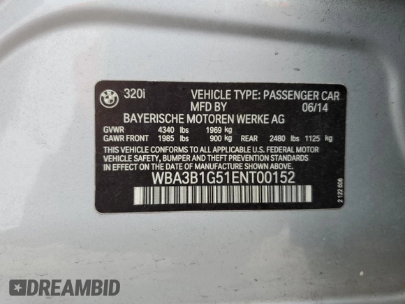 2014 BMW 3 Series 320i with VIN WBA3B1G51ENT00152, listed as a Copart auction lot 43399365 with 128,397 mi miles and Salvage Title. Bid and sale history available at carsss.com. Image 14.