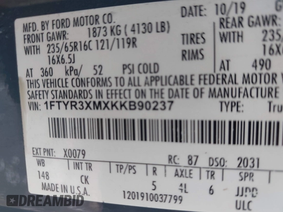 2019 Ford Transit with VIN 1FTYR3XMXKKB90237, listed as a IAAI auction lot 41859617 with 86,081 mi miles and . Bid and sale history available at DreamBid. Image 9.