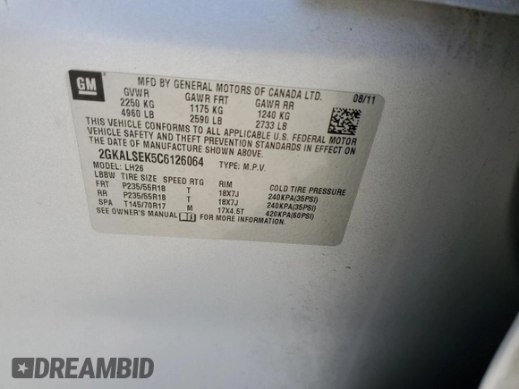 2012 GMC Terrain SLE-2 with VIN 2GKALSEK5C6126064, listed as a Copart auction lot 63125255 with 180,901 mi miles and Clean title. Bid and sale history available at DreamBid. Image 13.